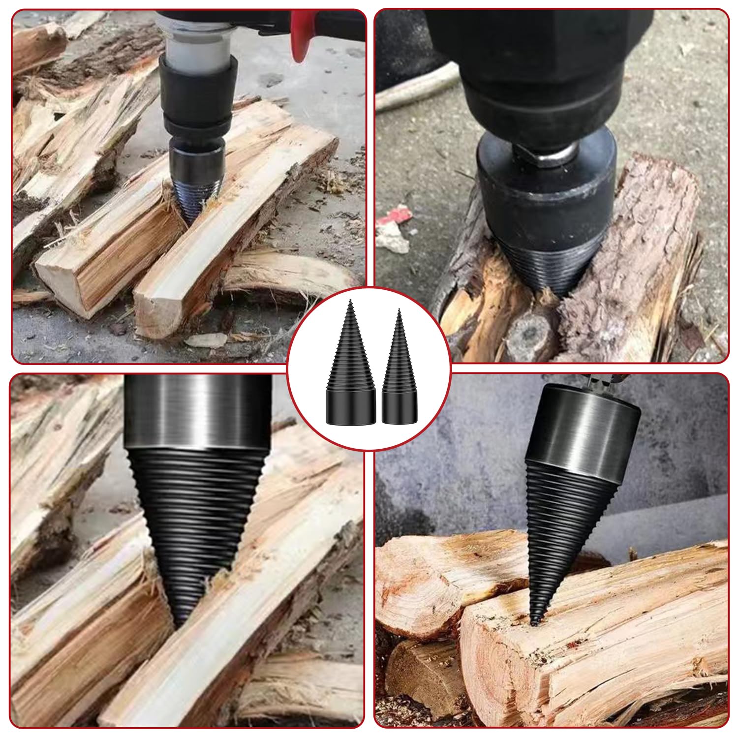 Lot de 6 forets à bois de chauffage, 45 mm + 38 mm, très résistants avec 4 poignées (carré + rond + tige hexagonale + petit hexagonal) pour perceuse électrique, fendeur de petit bois