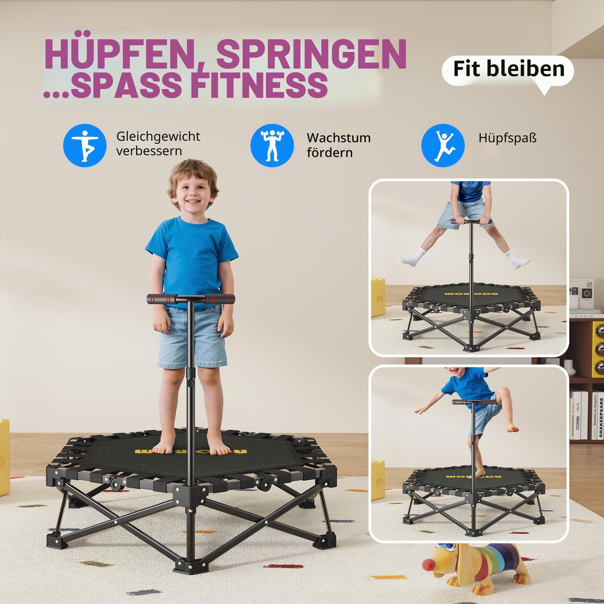 MOMODA Klappbar Fitness Trampolin Indoor mit Griff, Keine Installation Rebounder für Kinder und Erwachsene, Durchmesser 106 cm