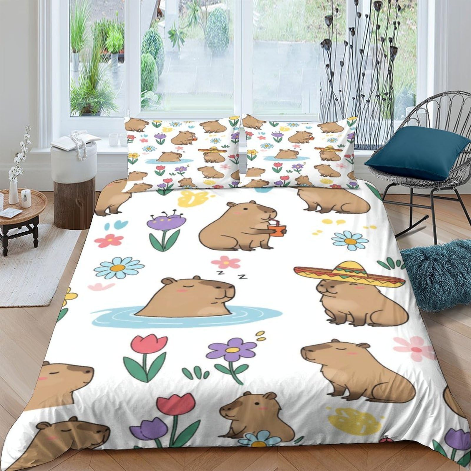 Ctjqhvkz Style-5 3D Printed Capybara Flower Fitted Sheet Microfiber Soft Breathable Cartoon Bed Cover For Bedroom Dorm Mattress Decor Single（135X200cm）