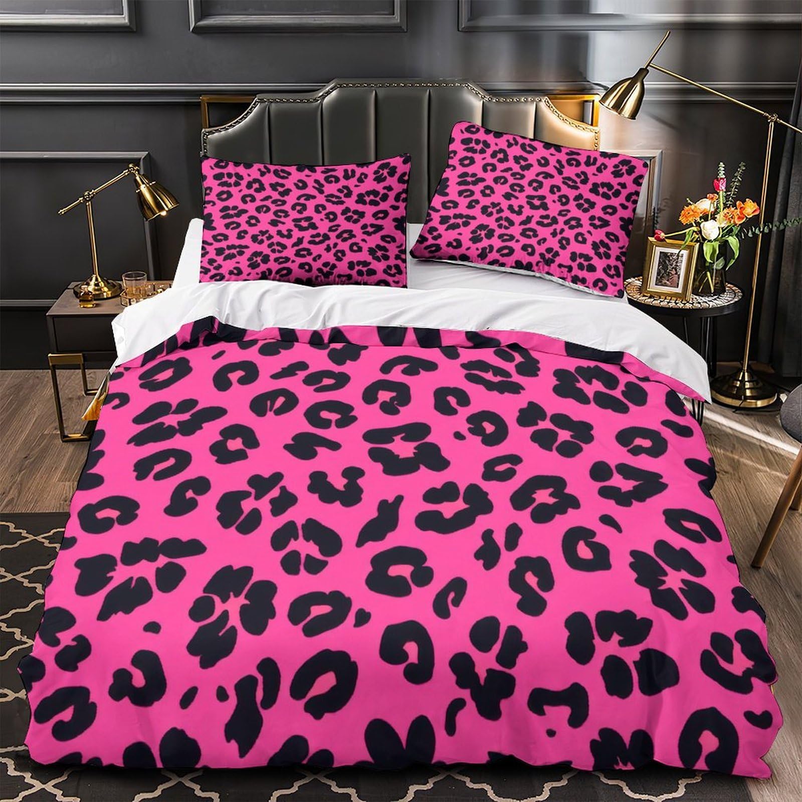 Housse de couette fermeture éclair léopard rose 135x200cm facile à enfiler et sans repassage