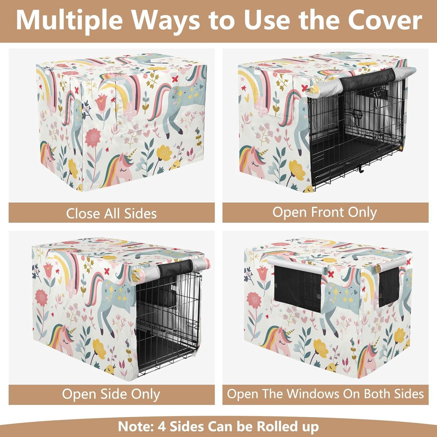 Cute Unicorns Floral Dog Crate Cover Windproof, S-XL Wind-Resistant Covers for Pet Crates, X-Large