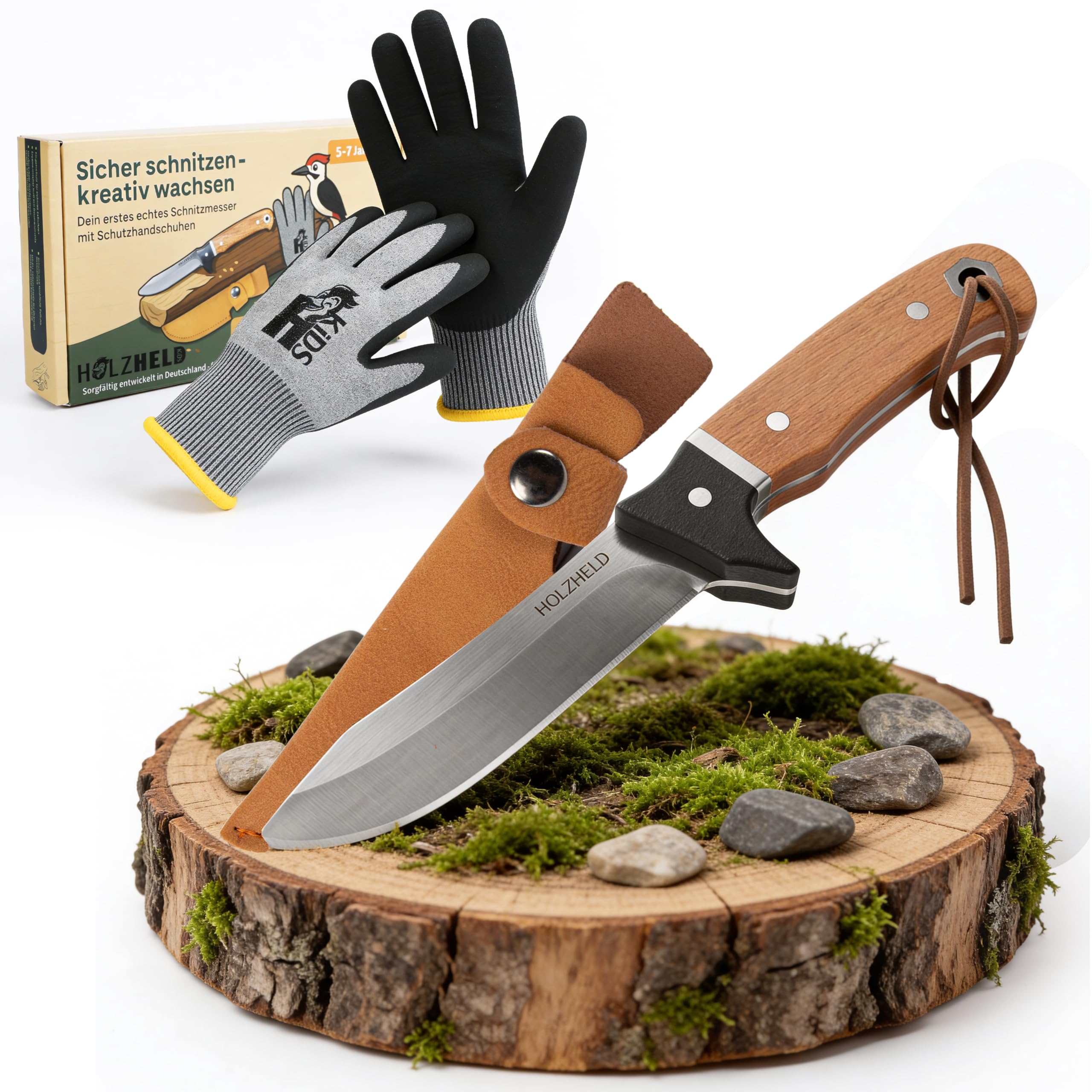 HOLZHELD - Schnitzmesser Kinder mit Gürteltasche inkl. schnittfeste Handschuhe - sicheres Taschenmesser - Schnitzset - Schnitzen Kinder - Kindermesser ab 5, 6, 7, 8, 9, 10 Jahre - Größe 6