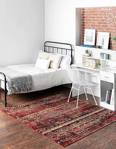 Miniatura 4 de Unique Loom Saturn Collection Alfombra de área - Relé (cuadrado 5 pies 3 pulgadas x 5 pies 3 pulgadas, borgoñabeige)