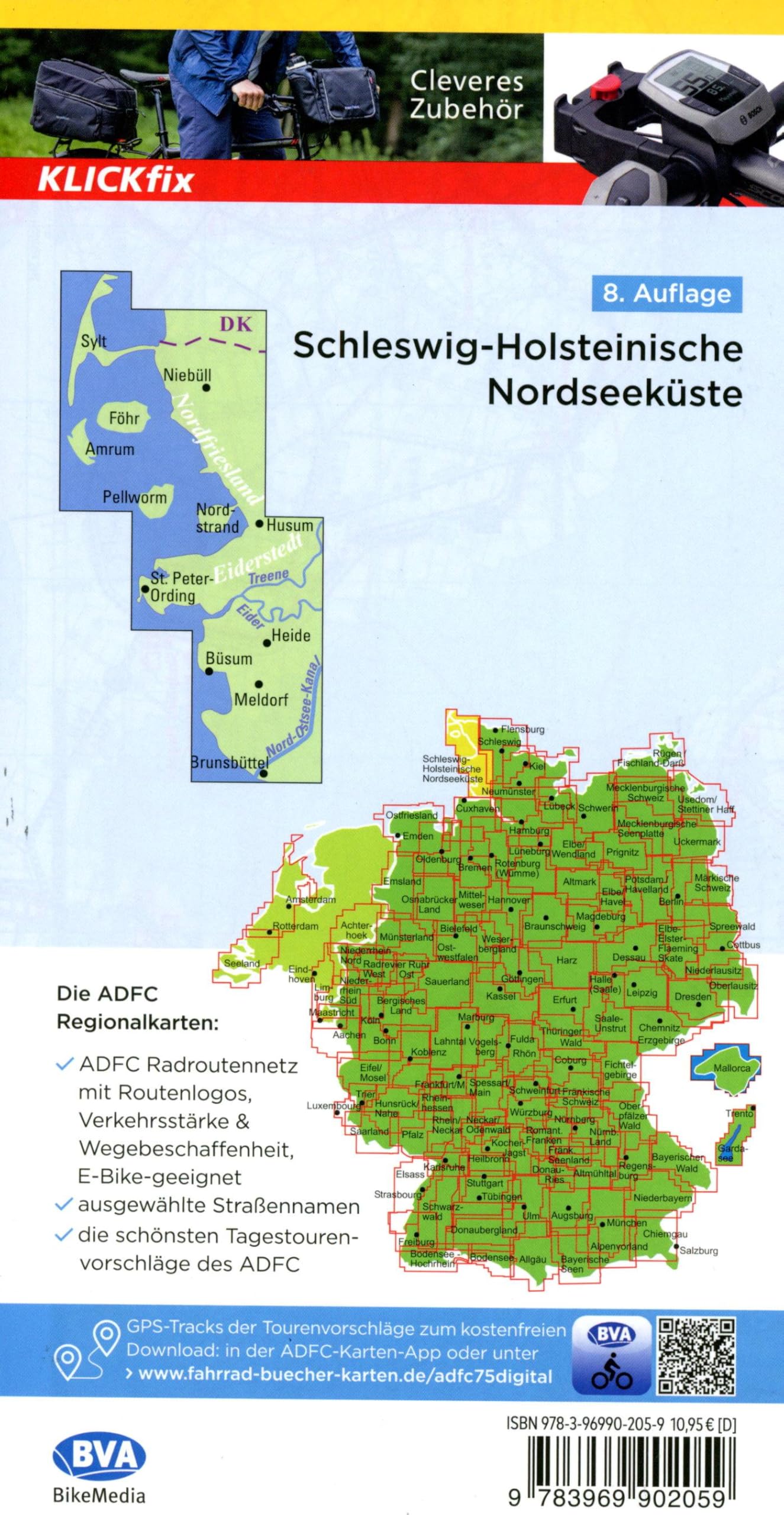 BVA ADFC Regionalkarte Schleswig-Holsteinische Nordseeküste mit Inseln 1:75.000: mit Tagestourenvorschlägen, reiß- und wetterfest, E-Bike-geeignet, GPS-Tracks Download: 701