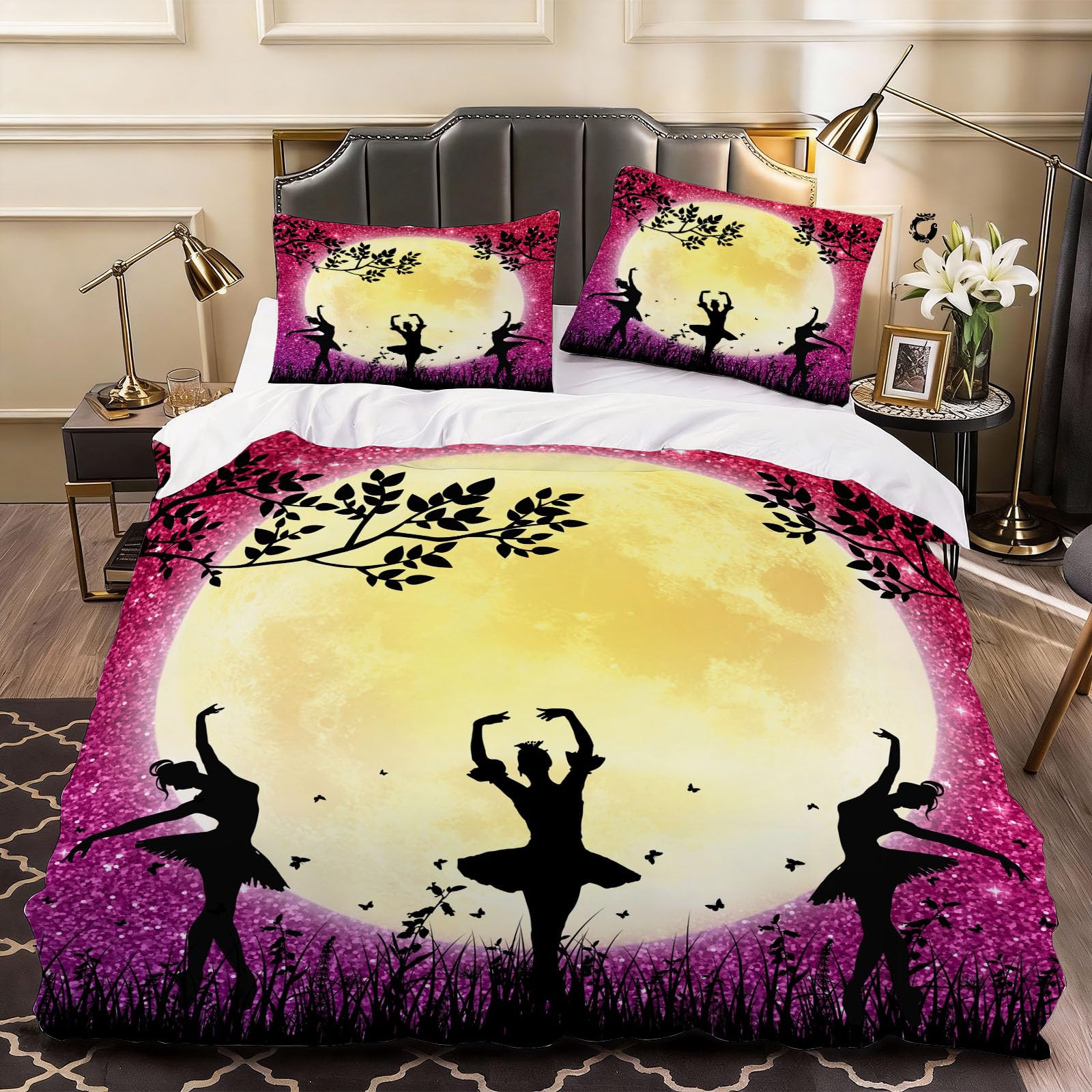 3D Princess Ballet Duvet Cover Silhouette Bedding Double Bed Set, Soft Microfiber Comforter Cover Printed with Zipper Closure Quilt Coverr 200x200 cm and 2 Pillowcases