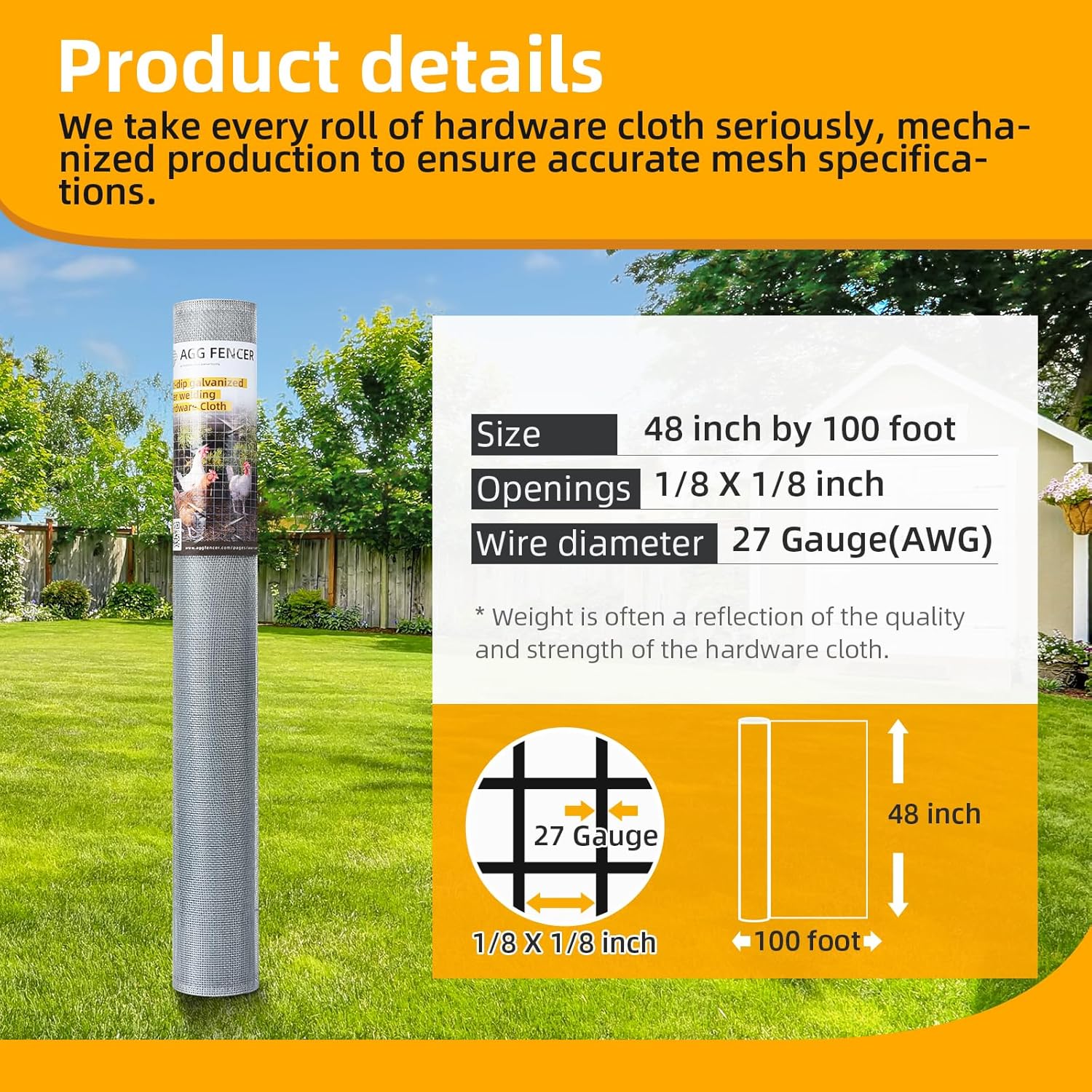 48in x 100ft Hardware Cloth 1/8 inch 27Ga Hot Dipped Galvanized After Welding, Chicken Coop Wire Fence, Welded Metal Fencing Roll Mesh for Bee Screen Garden Plant Poultry Animal Netting Cage