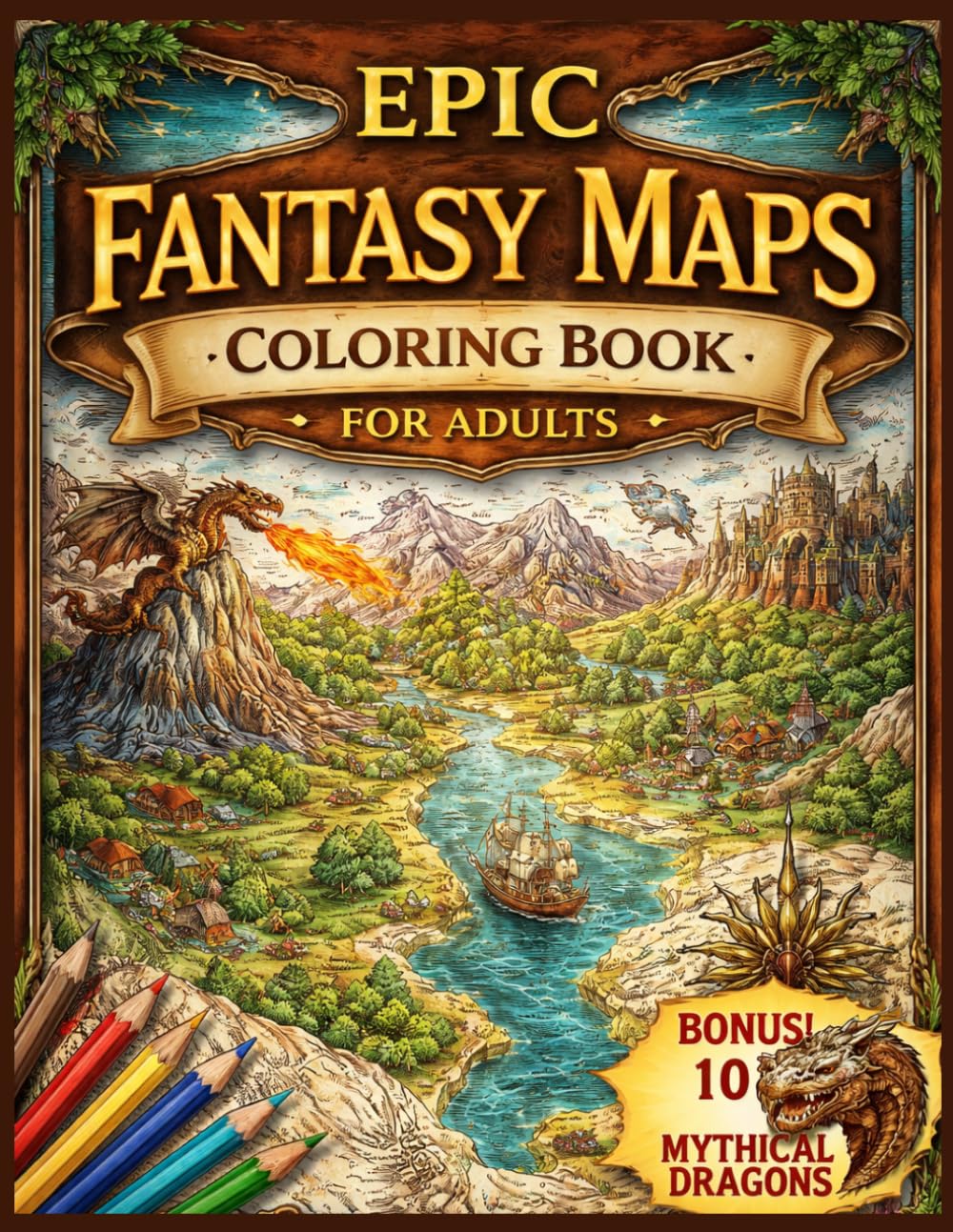 Epic Fantasy Maps Coloring Book for Adults: 110+ Beautifully Detailed Maps of Magical Kingdoms, Enchanted Lands, Forgotten Realms & Adventure Worlds | Stress Relief & Creativity | BONUS 10 Mythical Dragons (8.5x11)