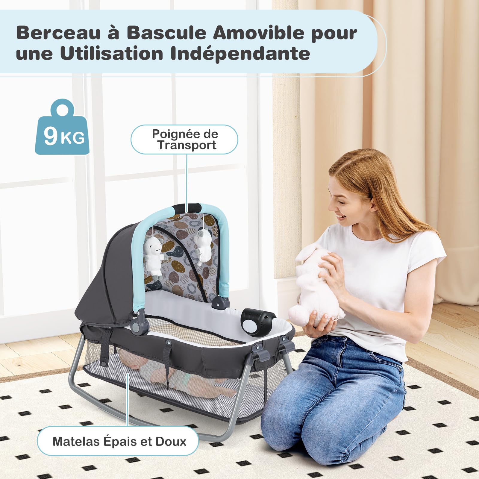 COSTWAY 5 en 1 Lit Parapluie Bébé avec Matelas & Table à Langer, Lit Bébé Evolutif avec Boîte à Musique & Jouets Suspendus, Sac de Transport & Roues Verrouillables, Berceau pour 0-36 Mois (Bleu)