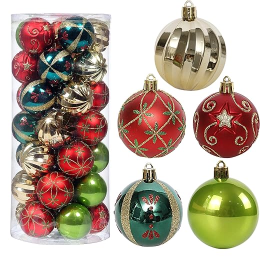ROSELEAF 30ct 2.36" Shatterproof Christmas Tree Ornaments - Red, Green, Gold Plastic Hanging Balls - Christmas, Wedding And Engagement Occasion