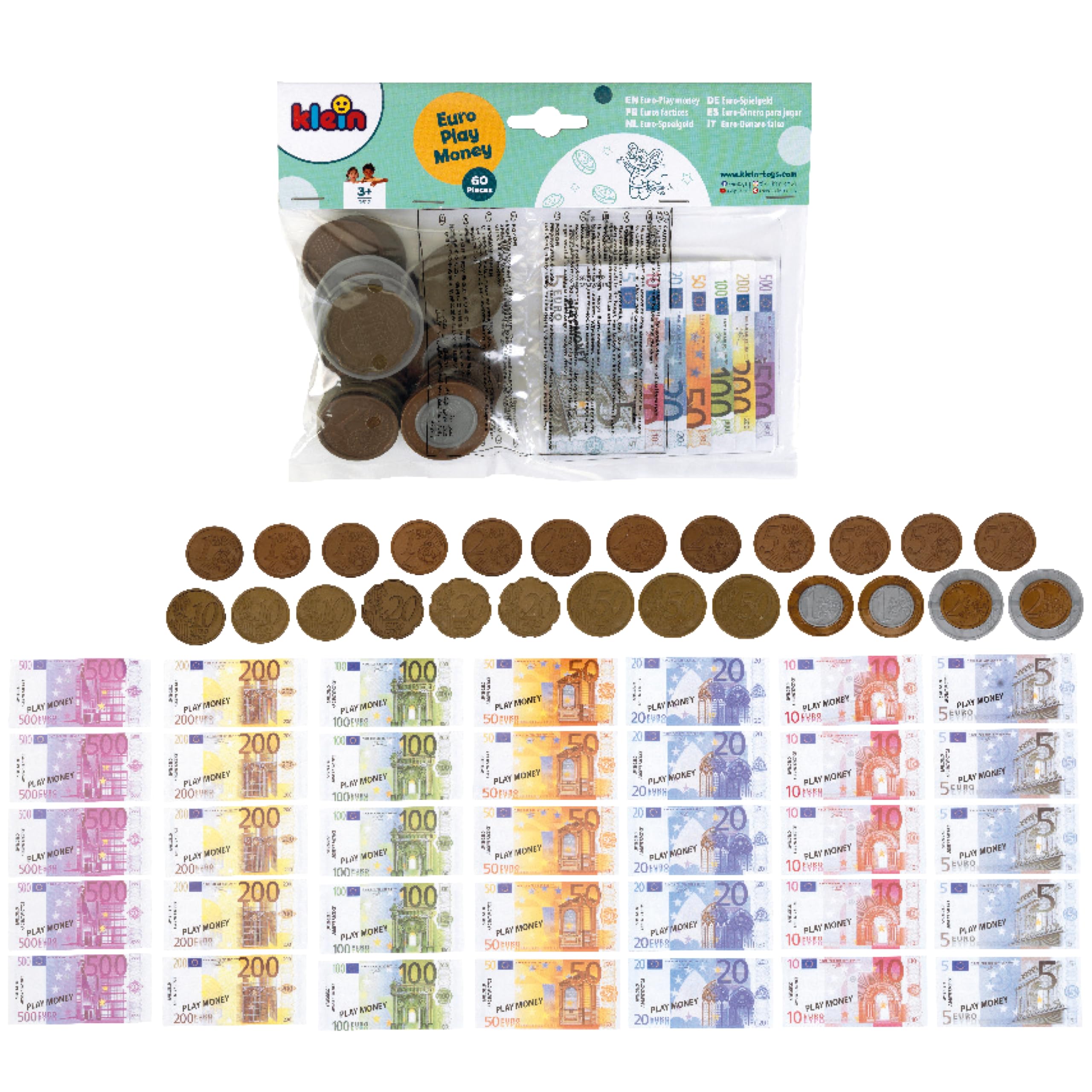 Theo Klein 9612 Euro per Giocare I 35 Banconote e 25 Monete - da Monete da 1 Centesimo Fino a Banconote da 500 Euro I Dimensioni- 20 cm x 1,5 cm x 11 cm I Giocattoli per Bambini dai 3 Anni in su
