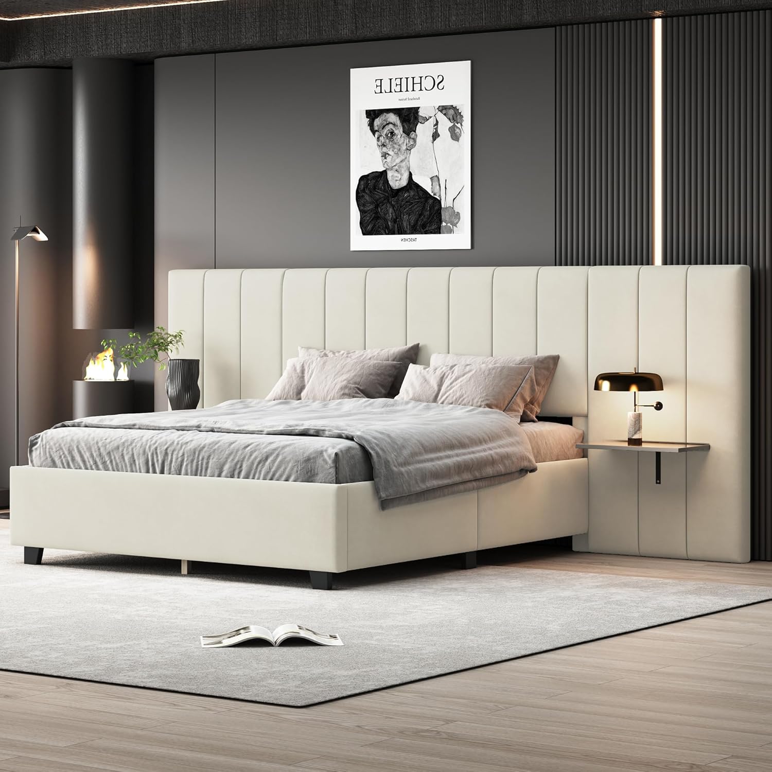 Queen Size Bed Frame with Oversized Soft Headboard and 2 Shelves, Velvet Upholstered Platform Bed, Luxury Bed Frame with Sturdy Wooden Slats, No Box Spring Needed, Easy Assembly, Beige
