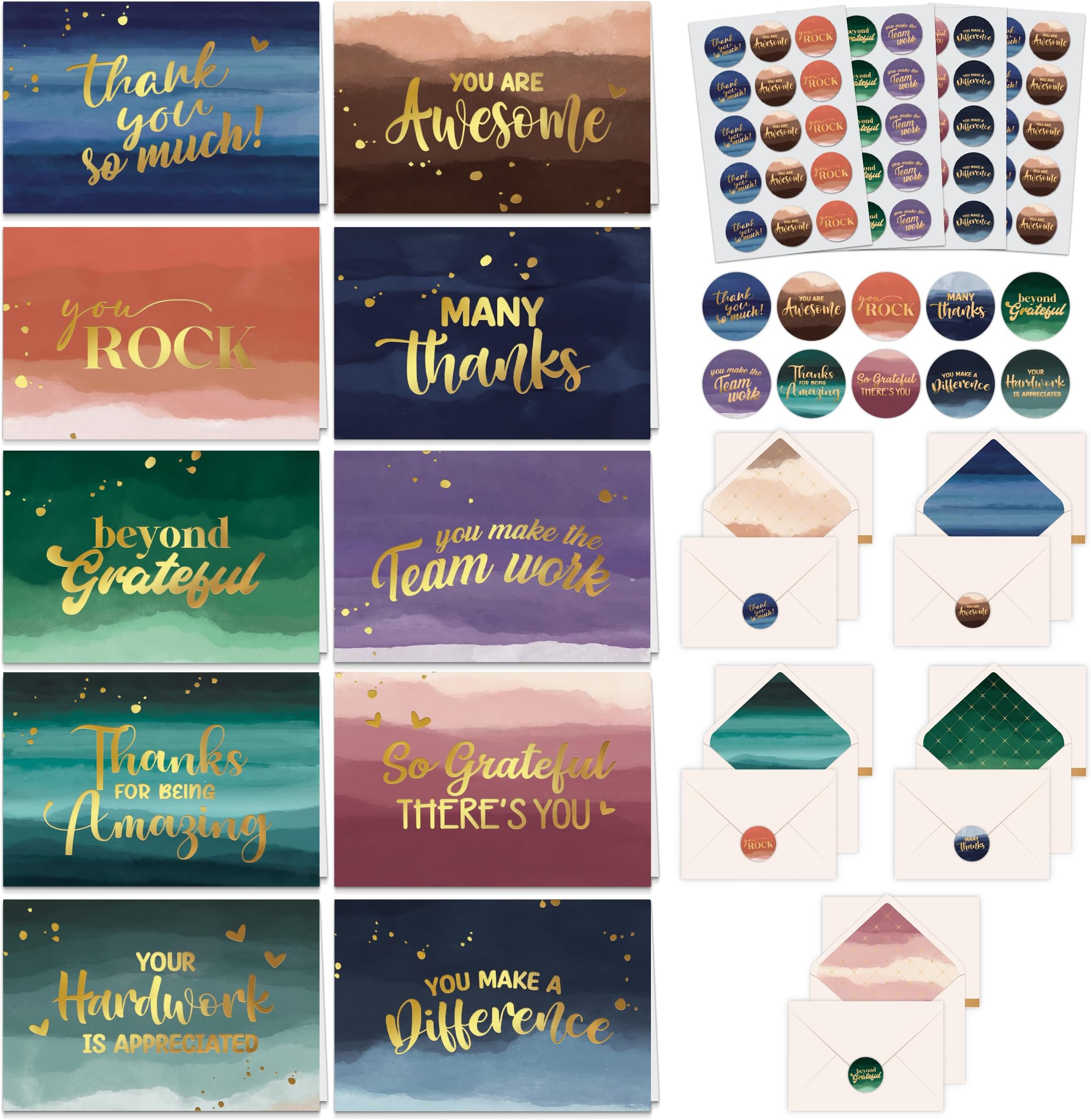 Decorably 50 Pack Gold Foiled 6x4in Watercolor Employee Appreciation Cards with Envelopes and Stickers, 10 Designs Folded Employee Thank You Cards for Employees, Blank Inside - Promotion, Anniversary