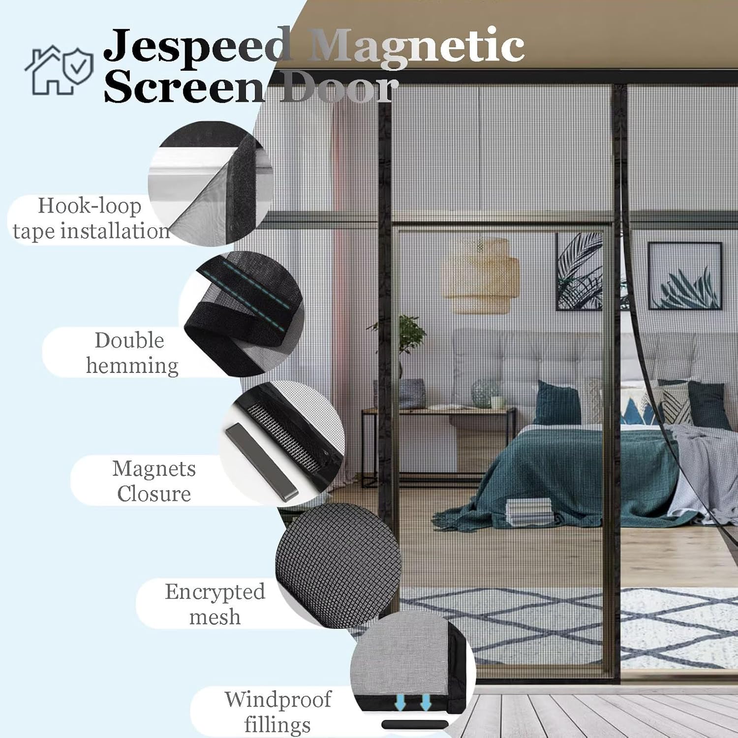 Magnetic Screen Door, 145x250cm White Door Screen Strong Magnet Mesh with Reinforced Hook Loop for Patio Sliding French Let Breeze in Doorway Curtain Washable