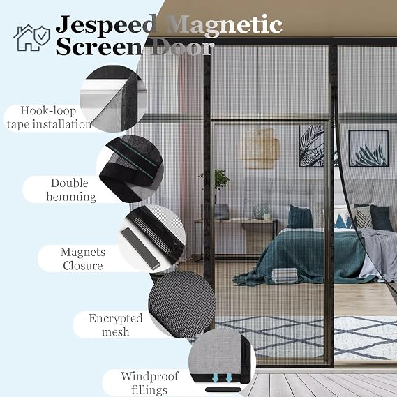 Magnetic Screen Door Quick Install, Magnet Self-Sealing Mesh Hands-Free Entry, 280x245cm Door Screen Magnetic Closure for Bedroom Kitchen Living Room Black
