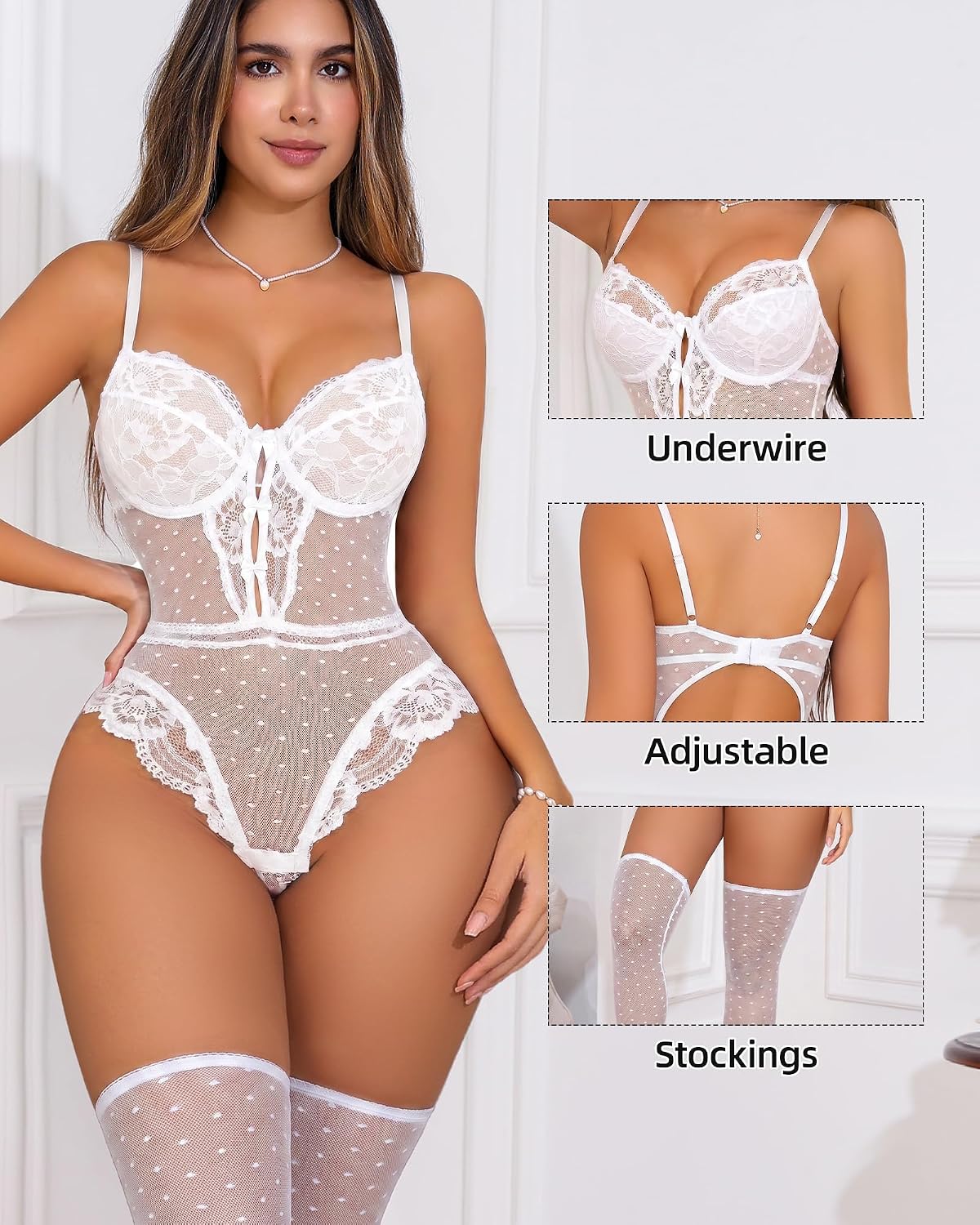 Women Sexy Lingerie Bodysuit Sheer Lace Deep V Neck Teddy Polka Dot Body Suits Mini Babydoll with Stockings