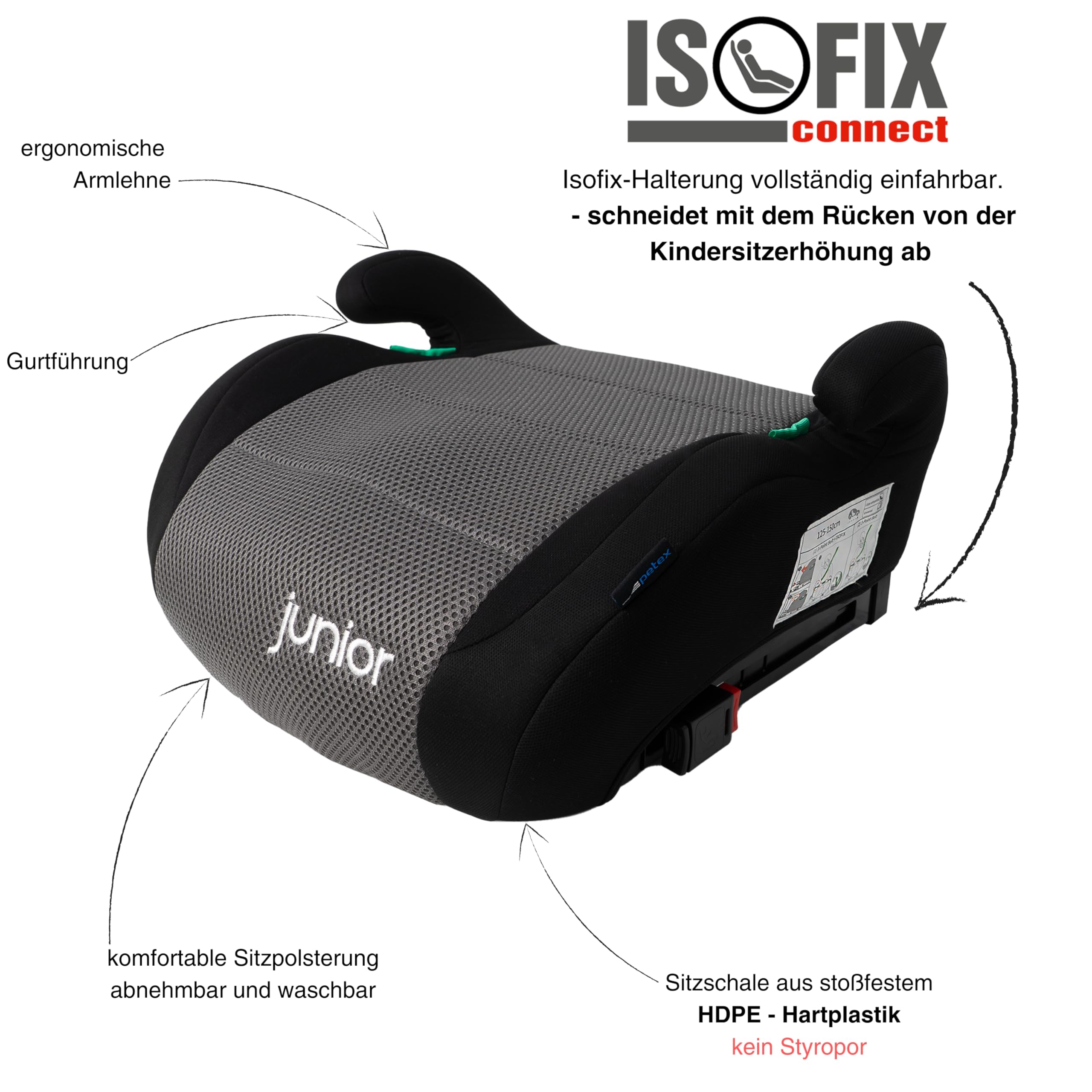 PETEX Podwyższenie fotelika samochodowego z Isofix – Max Plus, i-Size ECE R129, ok. 7 do 12 lat, dla wzrostu od 125 do 150 cm, podwyższenie siedzenia, kolor szary