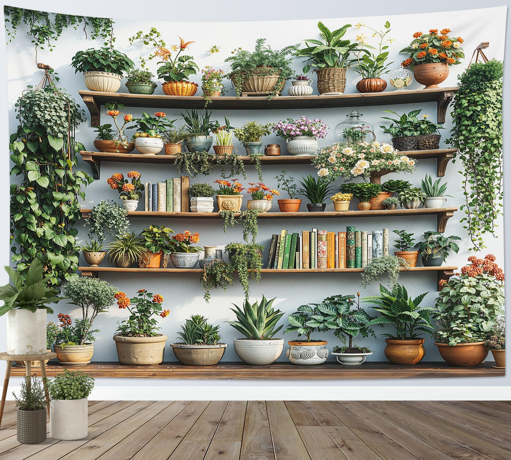 LB Green Plants Tapestry Flower Botanical and Books on Wood Shelf Tapestry Wall Hanging Cottagecore Farmhouse Tapestries for Living Room Bedroom Dorm Wall Decor,92x70 inch โ image 1