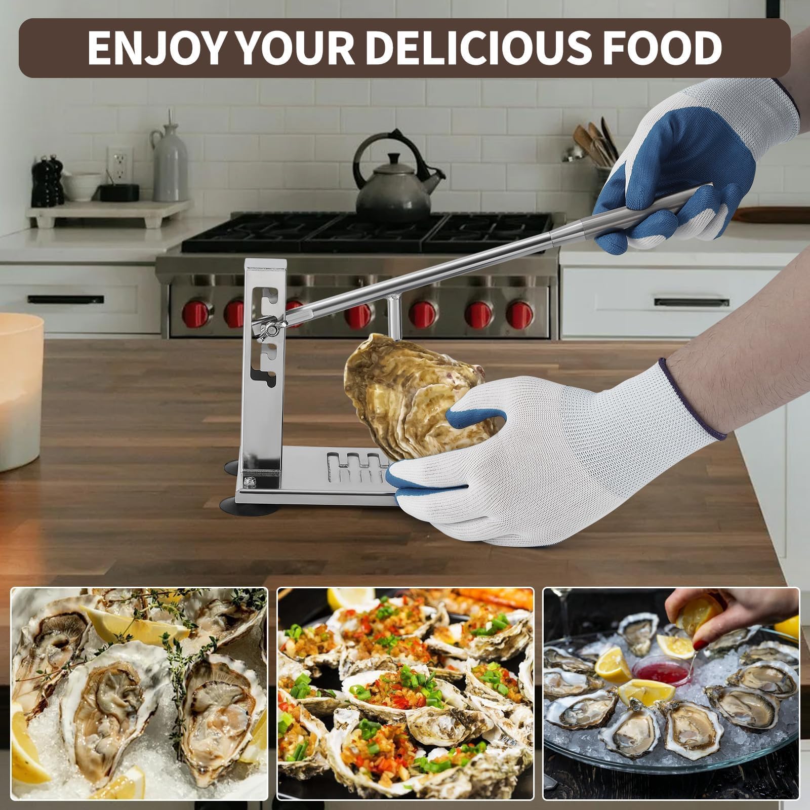 Ouvre-Huîtres Professionnel 5 Niveaux Réglables, Décortiqueur d'Huîtres en Acier Inoxydable Alimentaire, Double Fixation Ventouse & Étau, Kit Complet Couteau+ Gant Anti-Coupure pour Cuisine Restaurant