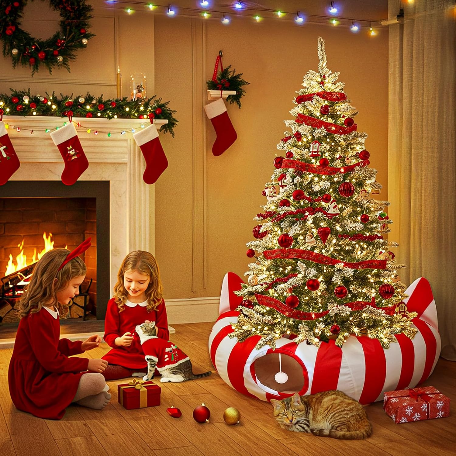 Cat Tunnel Bed with Christmas Tree Skirt, Cat Beds for Indoor Cats Tunnels with Toy Ball, Red and White Christmas Decorations Donut Tunnels for Cat Supplies Small Large Cats and Small Animals