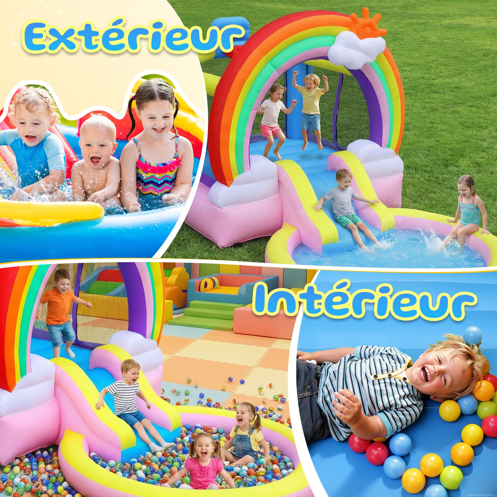 Bonnlo Tobogán Hinchable Infantil con Piscina, 370x192x192 cm, Cama Elástica y Diseño Arcoíris Nubes, Parque Inflable para Jardín Exterior e Inretior, Oxford 420D+840D