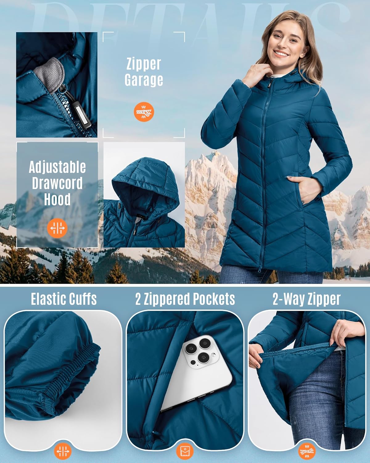 Outdoor Ventures Women's Long Hooded Lightweight Puffer Coat Quilted Insulated Winter Jacket
