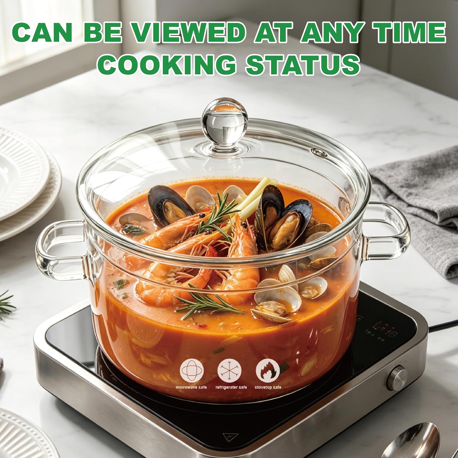 1.5L/50oz Clear Glass Simmer Pot, Borosilicate Stovetop Saucepan
