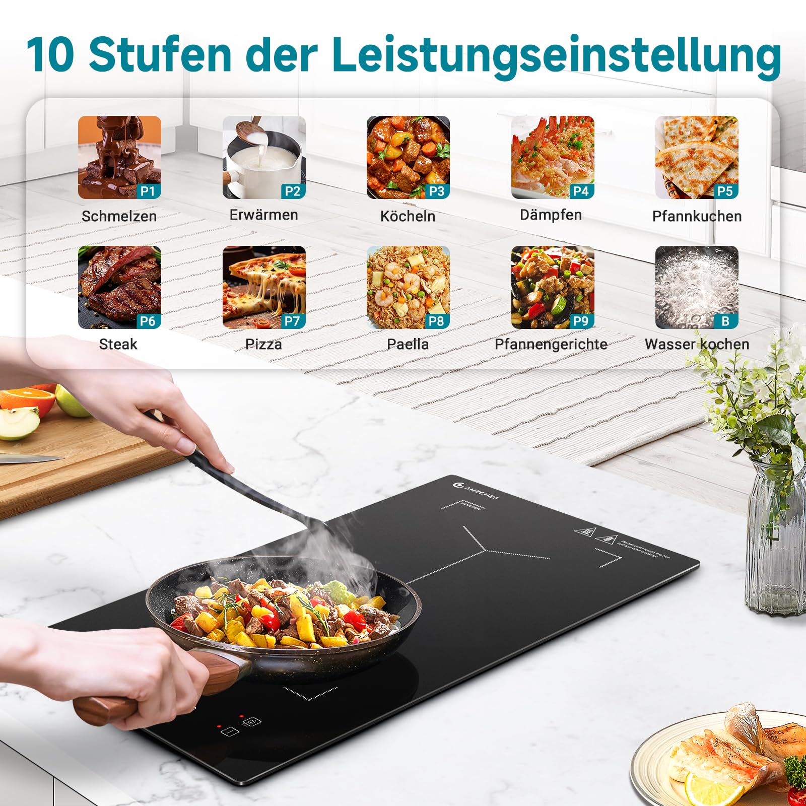 AMZCHEF Induktionskochfeld 2 Platten, Doppel Induktionskochplatte mit Flexzonen und Stecker, 10 Leistungsstufen, Sicherheitsschloss und Timer, Touch-Schieberegler,3300W,Schwarz
