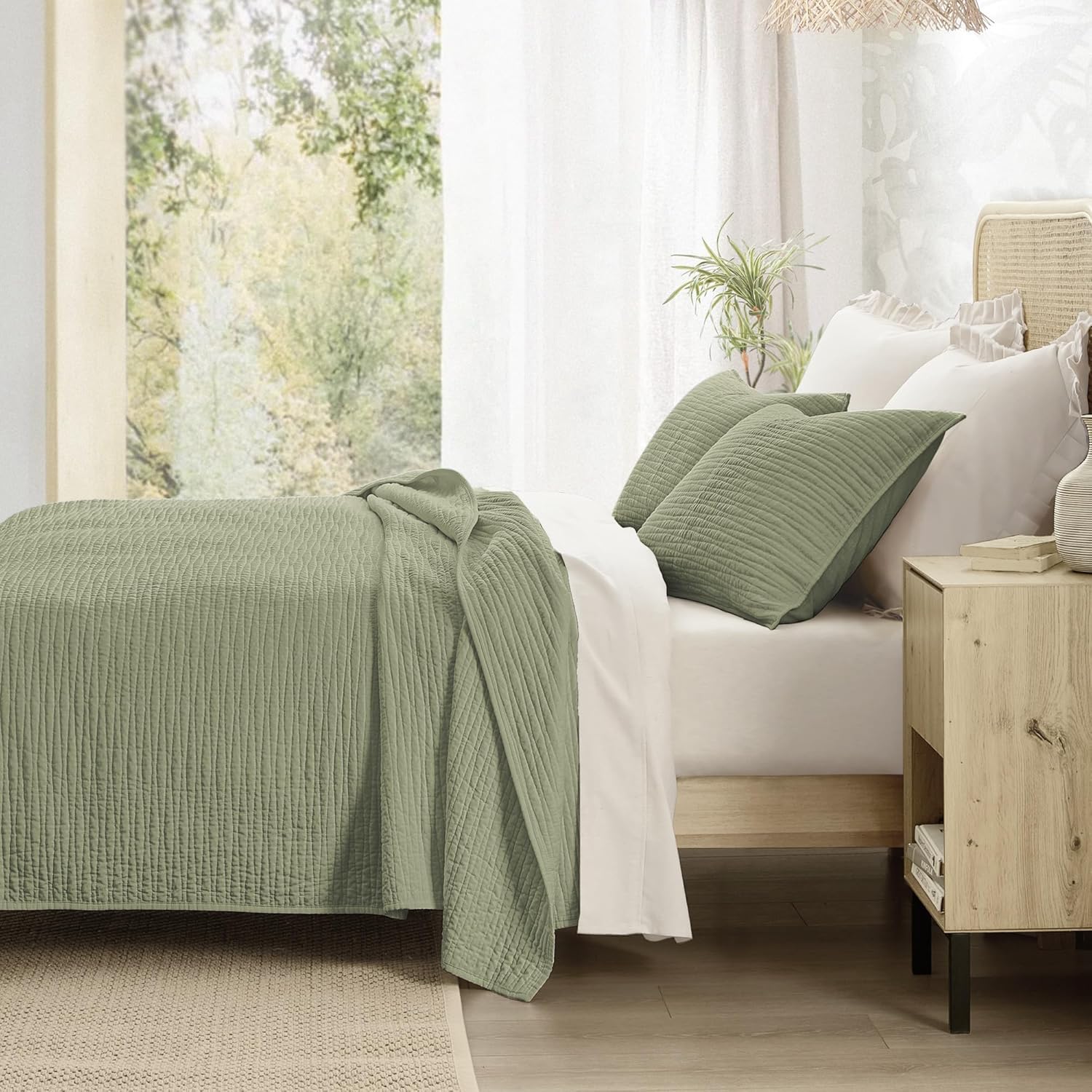 Wonderful Natural Linen Cotton Quilt - Wave Stitched Sage Green King Quilt, 100% Cotton Filling, Pre-Washed, Soft & Breathable, Hypoallergenic, All-Season Use, Bedspread & Coverlet Bedding, 104"x94" - Image 2