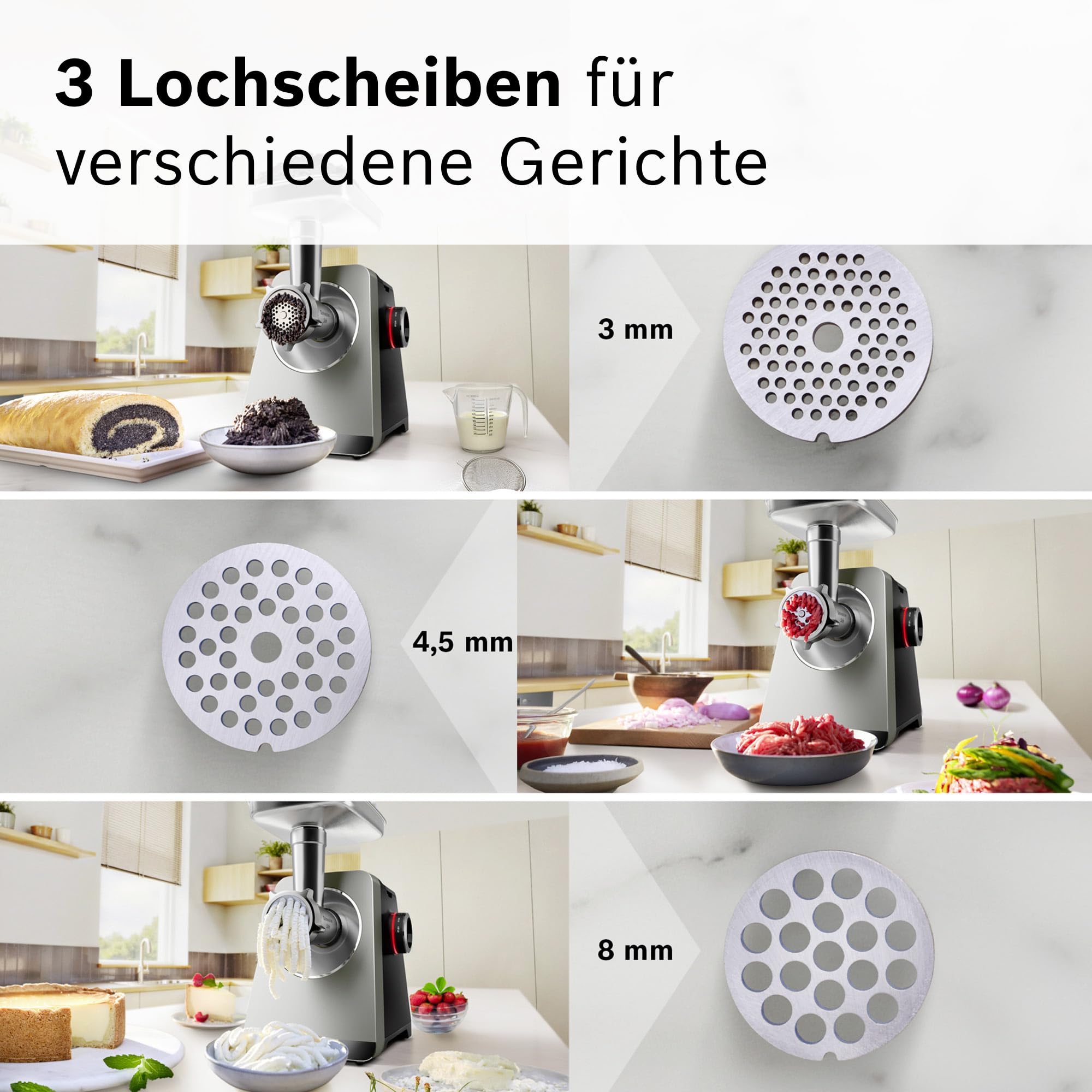 Bosch Fleischwolf Serie 8, 3 Lochscheiben (3/4,5 / 8mm), Edelstahl, spülmaschinenfest, Kebbe- & Wurst-Aufsatz, Durchlaufschnitzler, Motorblockleistung 2.500 W, elektrisch, MultiPower MFWS840M