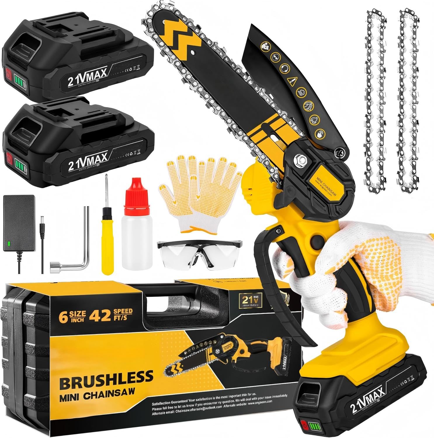 Brushless Mini Motosega a Batteria, Motosega Elettrica a Batteria,6 Pollici Motosega Elettrica, sega elettrica per potatura,2 Batteria Ricaricabile, con Blocco di Sicurezza, per il Taglio del Legno