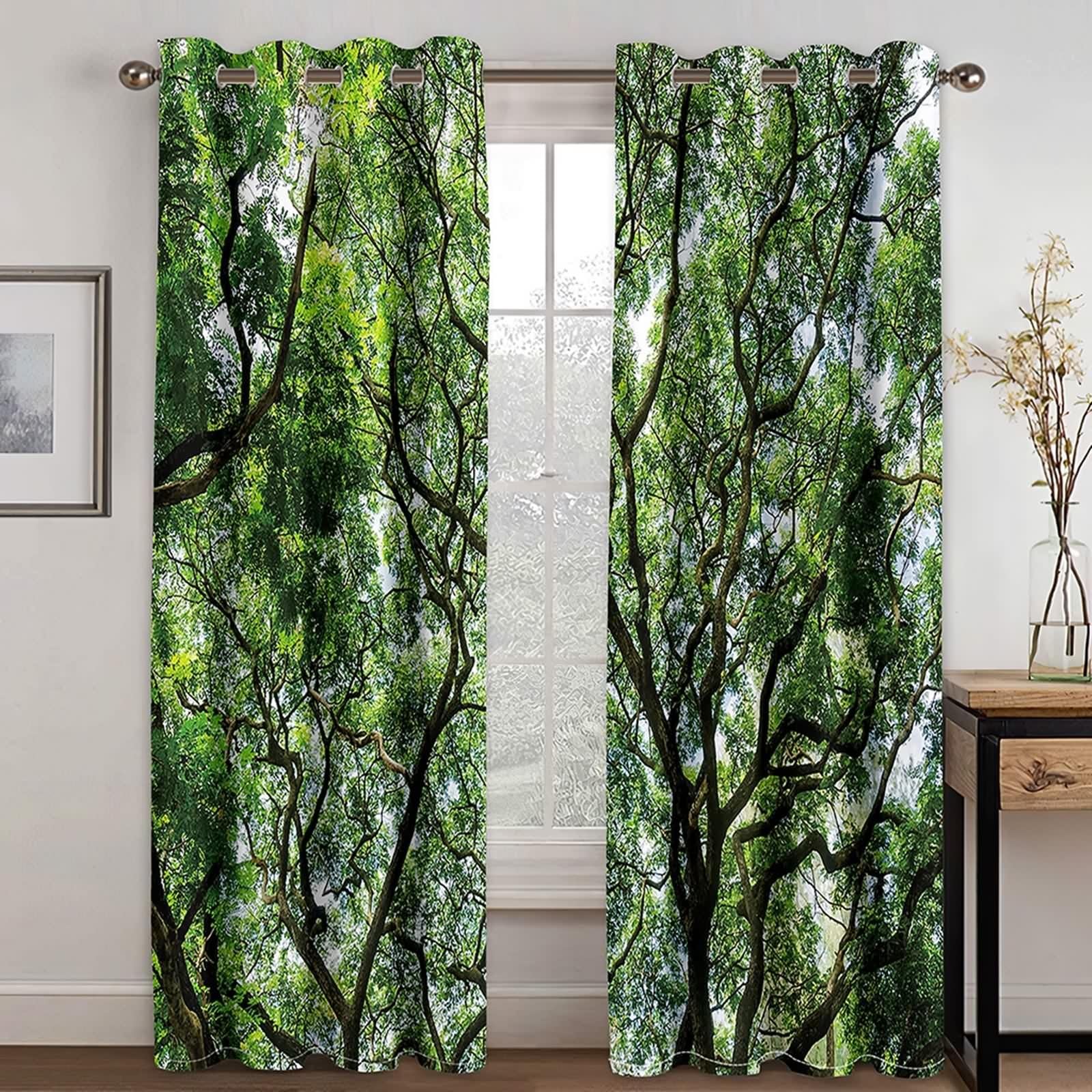 Rideau Cuisine Fenetre, Rideau Vert Anniversaire Polyester Paysages D'Arbres 107L x 160H CM Lot de 2