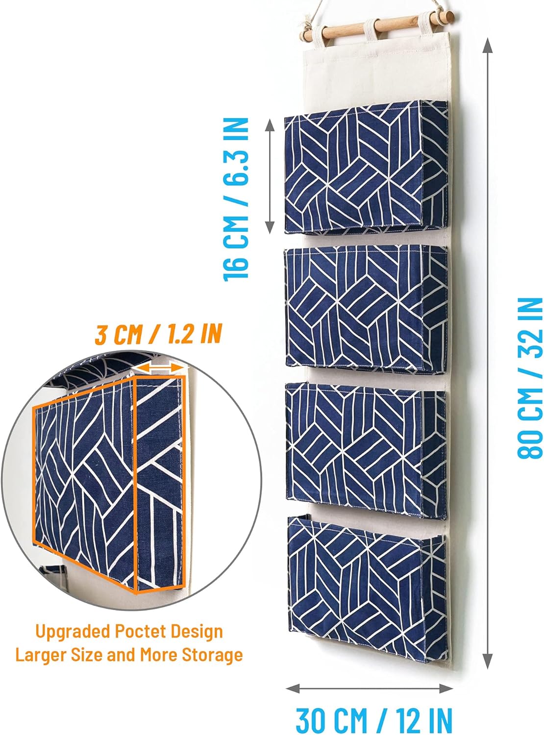 CROWNED 2Pcs Over Door Hanging Storage Bags Wall Mount Closet Organizer, 4 Big Pockets Linen Cotton Fabric Multi Functional Living Room Bedroom Bathroom File Magazine Waterproof Free Hooks Navy - Image 6