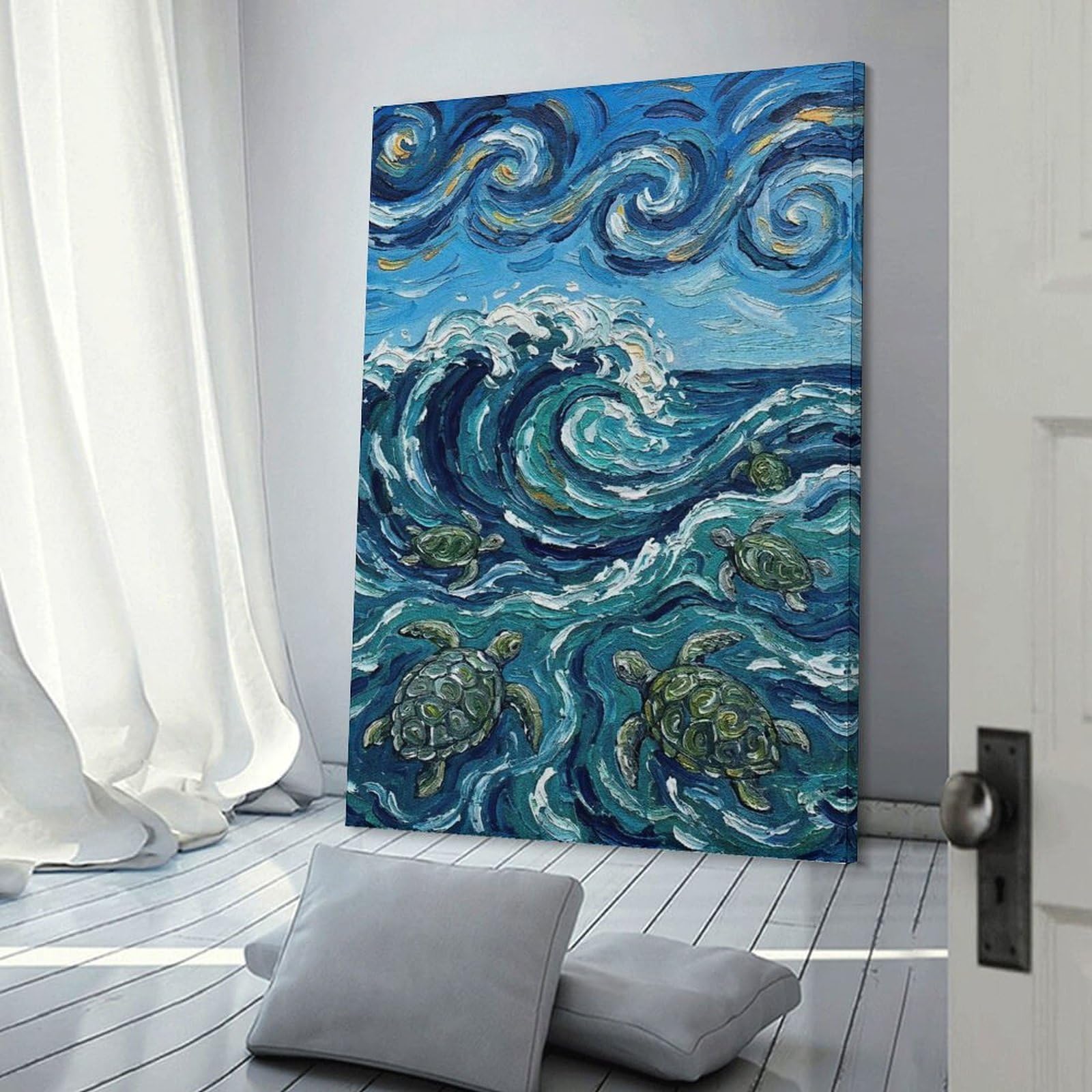 Junmoney Sea Turtles in Van Gogh Style Ocean Home Decor Wall Art, 20x30inch(50x75cm), for Apartment Walls, Studios Or Work Areas, Wall Decor with Flexible Room Appeal