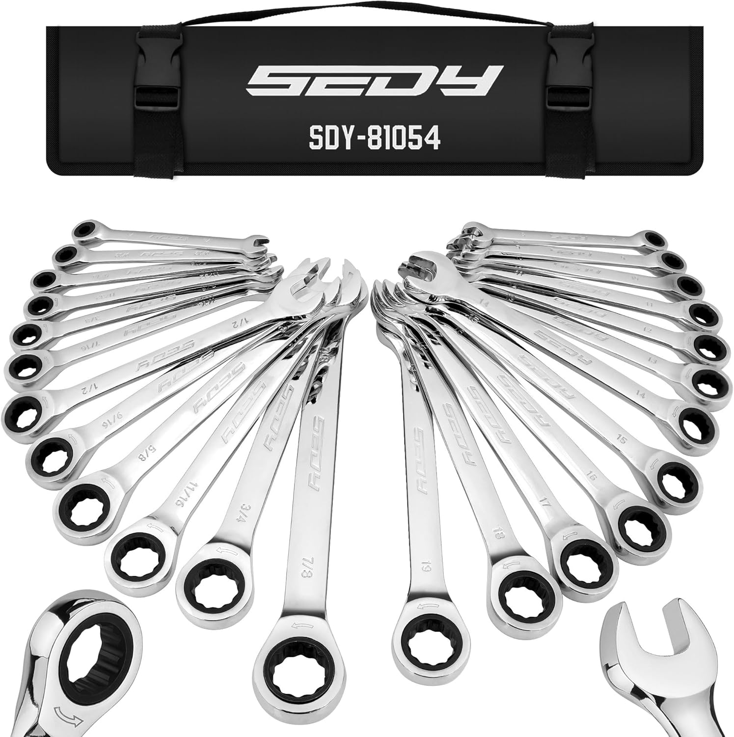 Premium 24-Piece Ratcheting Wrench Set, SAE & Metric Combination Wrenches, 8-19mm / 1/4"-7/8", 72-Tooth Ratchet Spanners, Chrome Vanadium Steel with Roll-Up Pouch for Mechanics