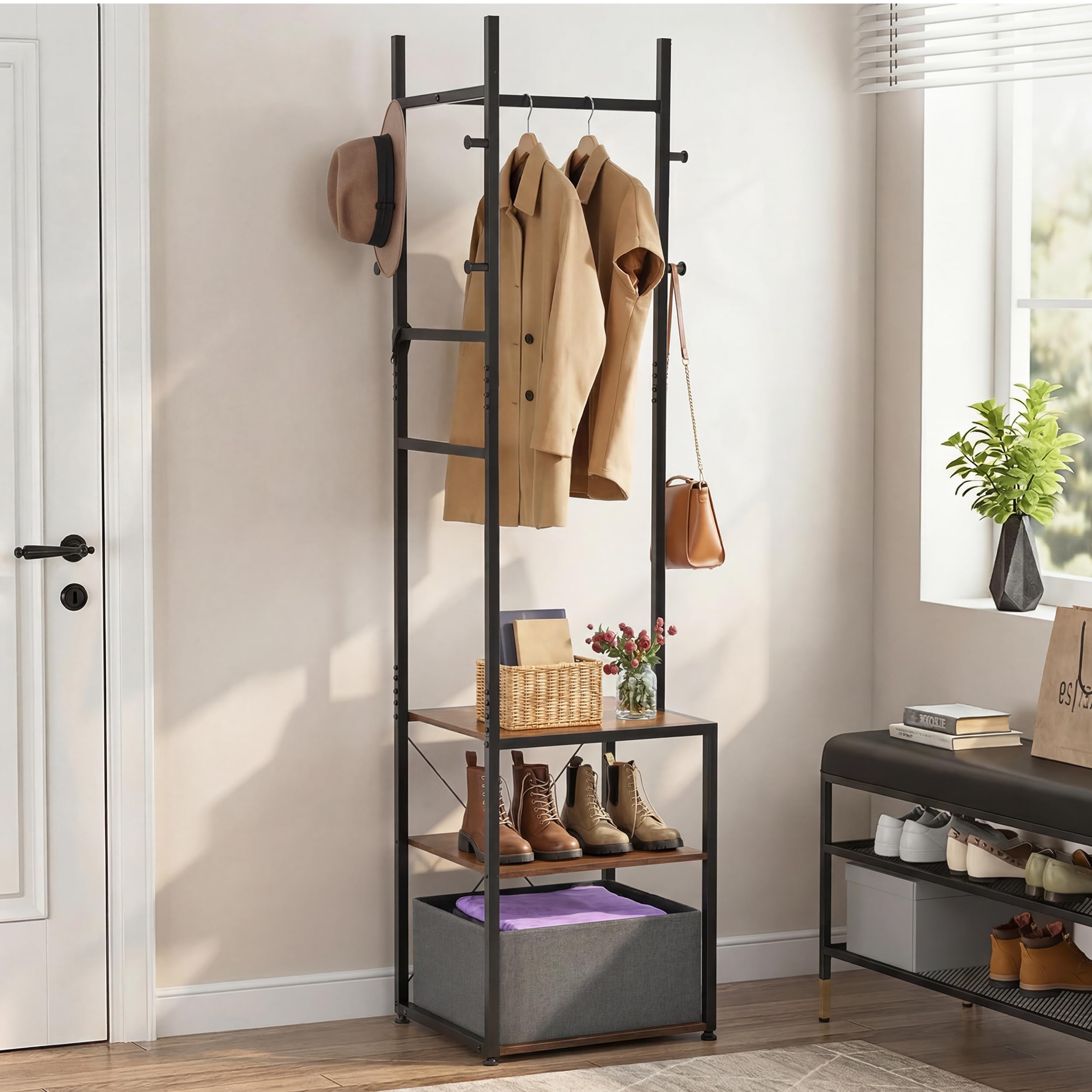 YITAHOME Coat Stand, Clothes Rack Hall Tree with Shelves & Hooks, Brown