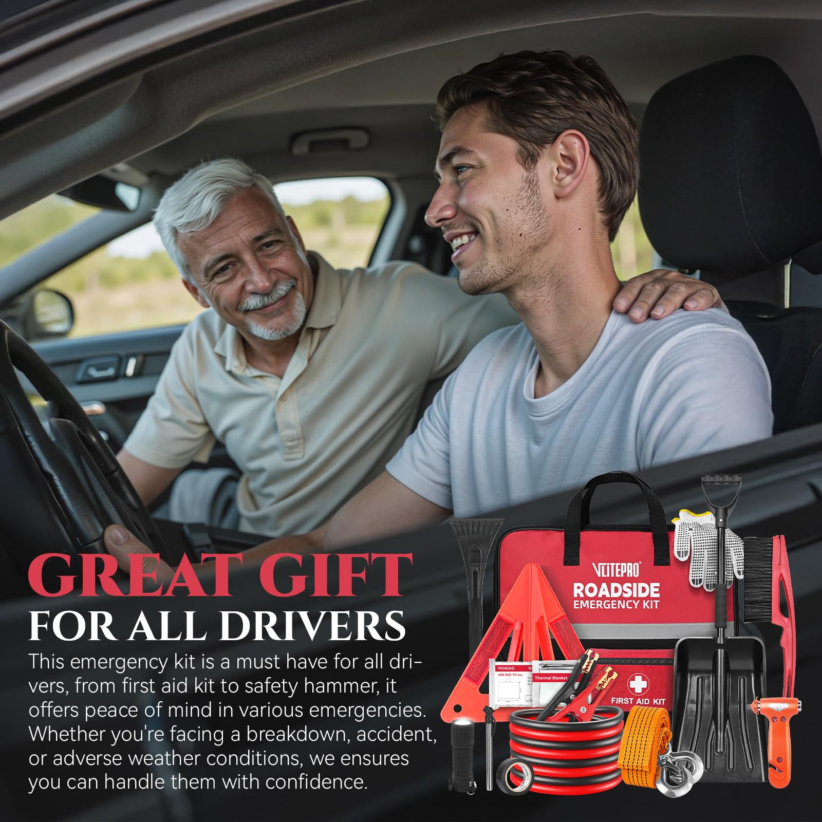 Roadside Emergency Car Kit for Vehicles, Car First Aid Kit Emergency Kit with Jumper Cables, Snow Shovel, Tow Strap, Car Safety Kits, Road Trip Assistance for Men, Women, New Driver Gifts