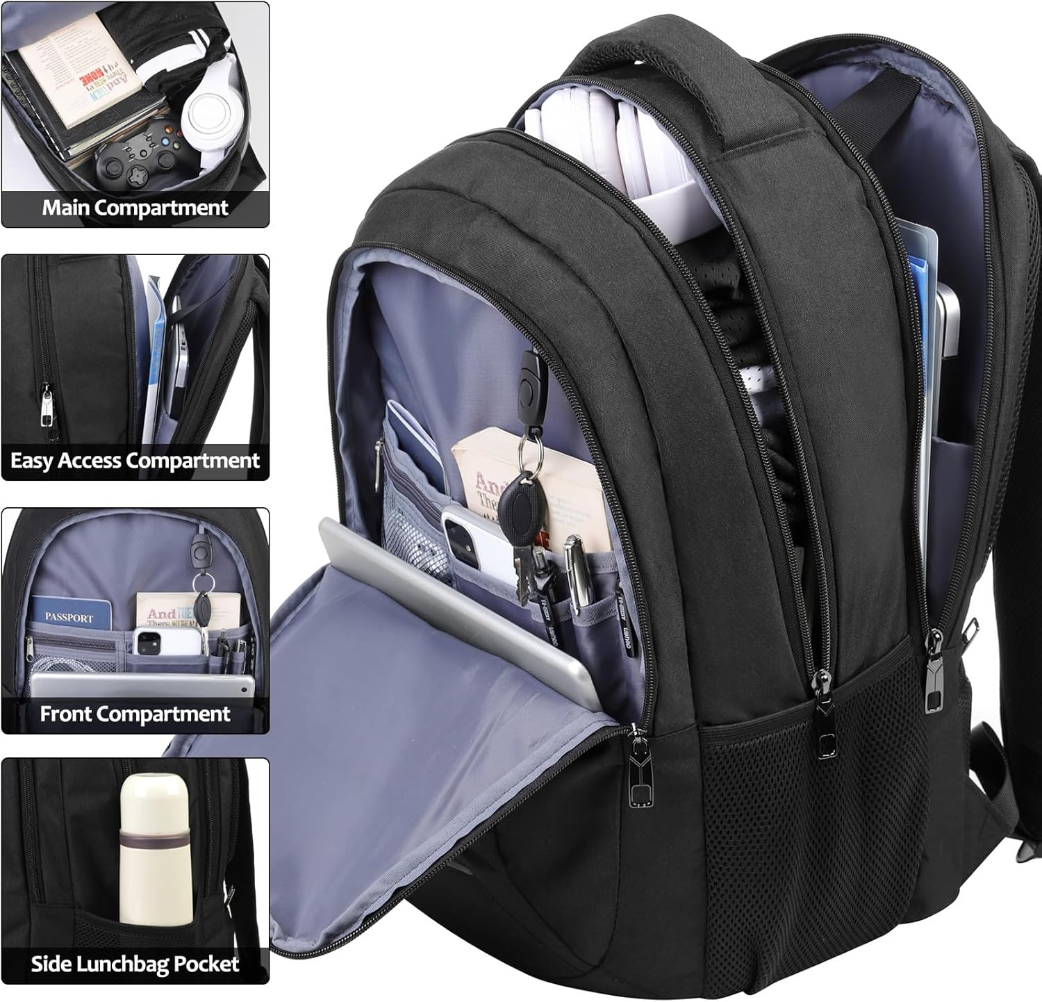 Backpack for Men and Women, School Backpack for Teens, Black Backpack for Boys with USB Charging Port Fits 15.6 Inch Laptop, Water Resistant Travel College Bookbag