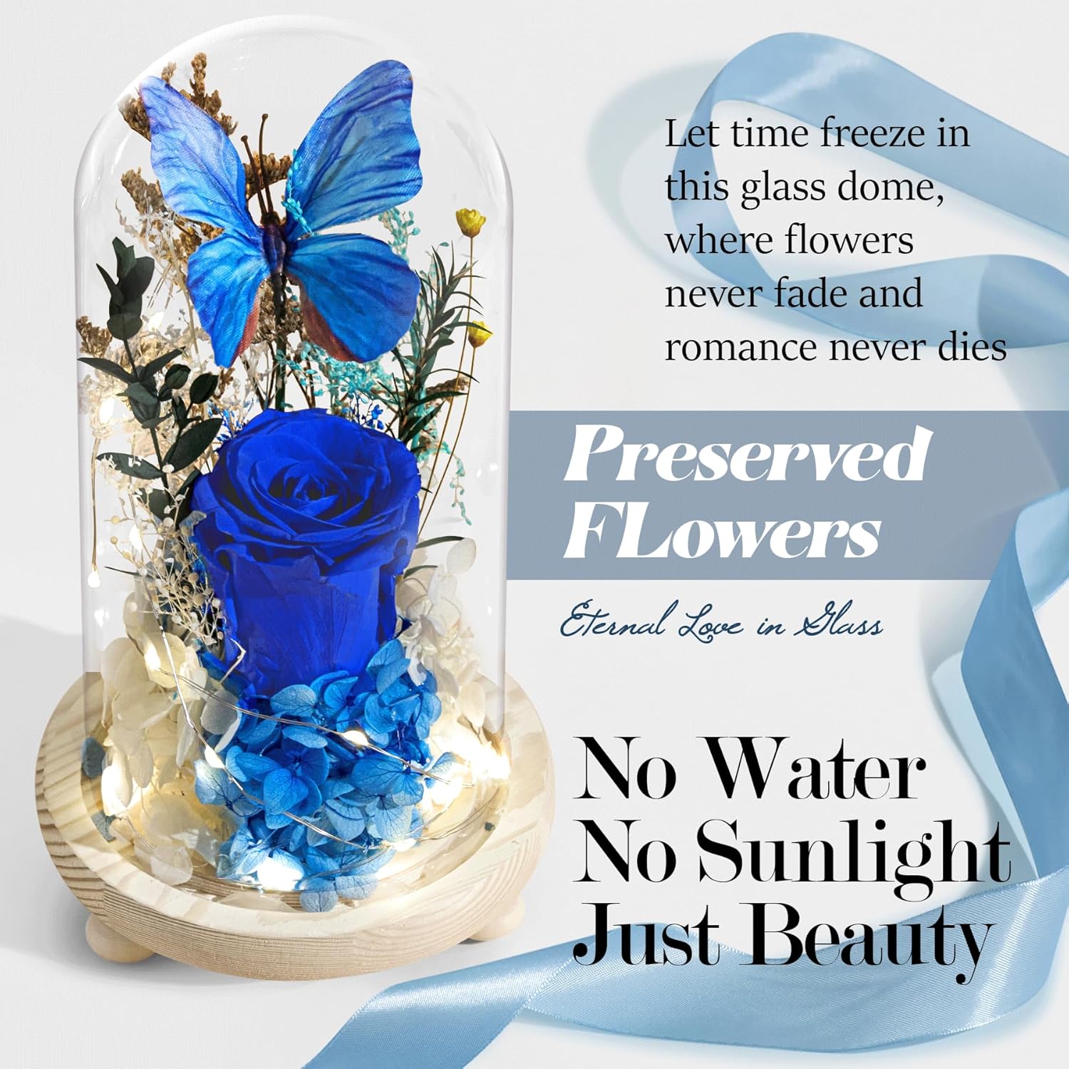 Forever Flowers Preserved Roses with Light in Glass Dome, Romantic Gifts for Mom Wife Girlfriend Grandma, Blue Flower for Christmas, Valentine's Day, Anniversary, Birthday.Prime Delivery - Image 4