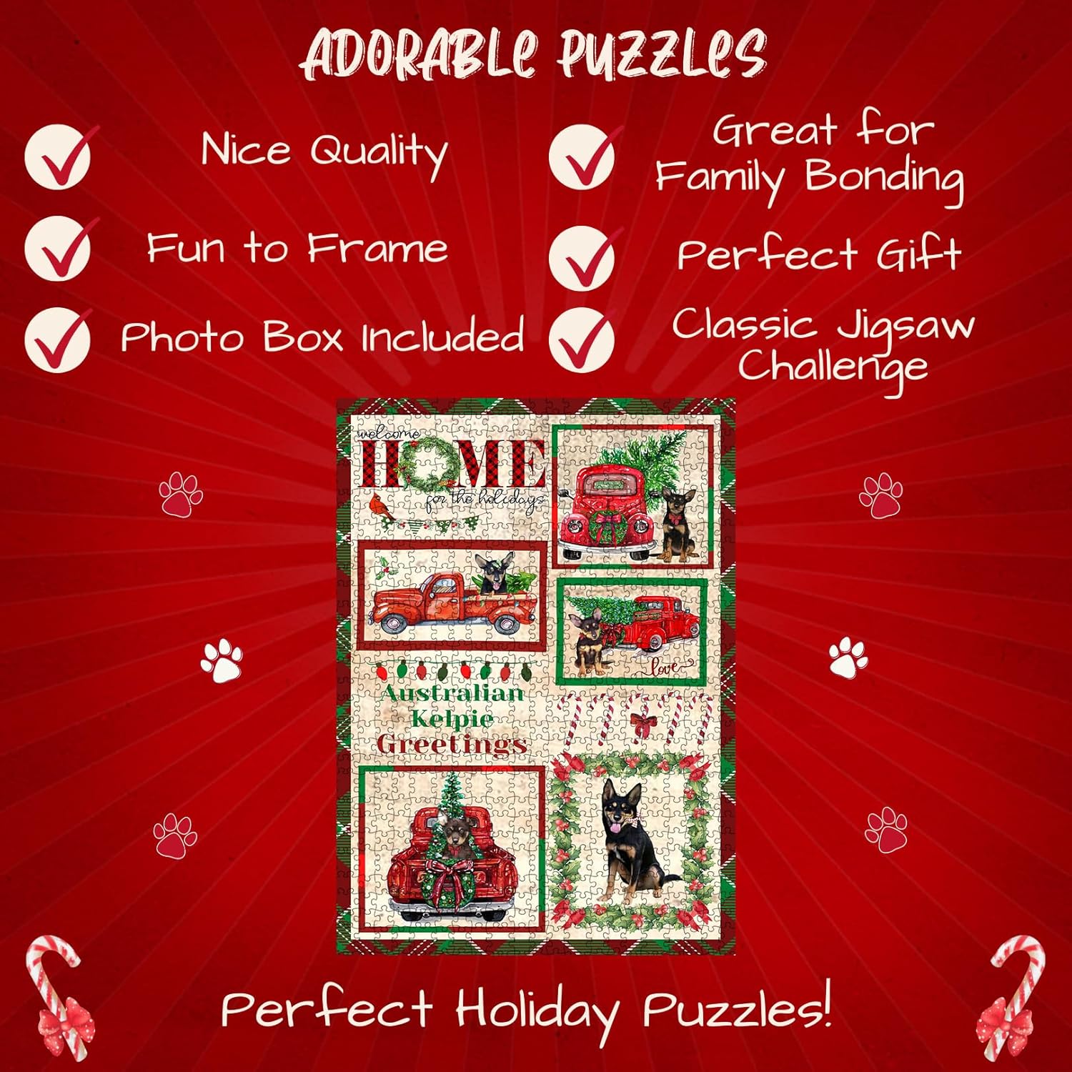 Welcome Home for Christmas Holidays Australian Kelpies Dogs Jigsaw Puzzle for Adults - Animal Printed Interlocking Puzzle Game Artwork - Gift for Dog Lover's - 300 Pcs 11"x14"
