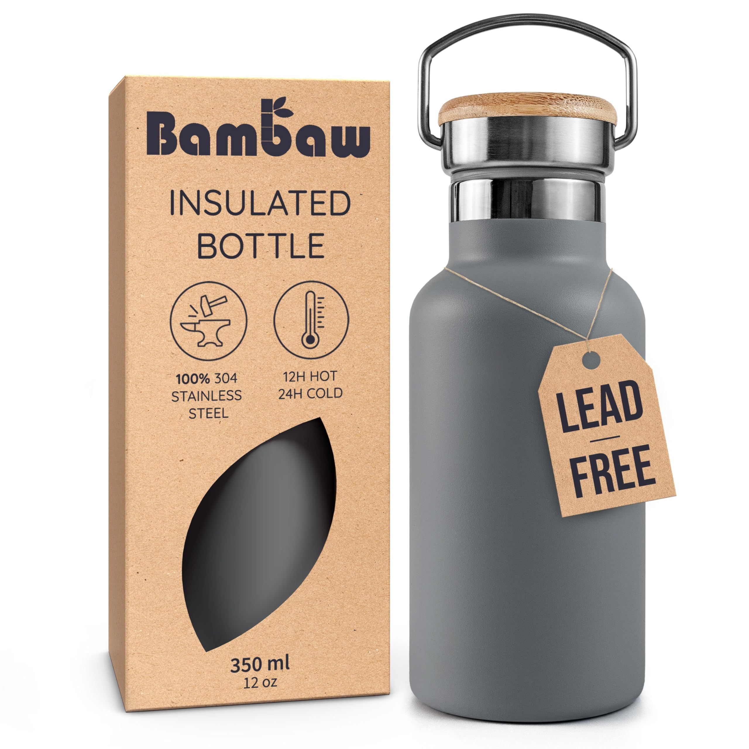 Bambaw 12 oz Stainless Steel Water Bottle, Insulated Water Bottle with Handle, Made of High-Grade Stainless Steel, Reusable & Rust-Resistant, For Hot