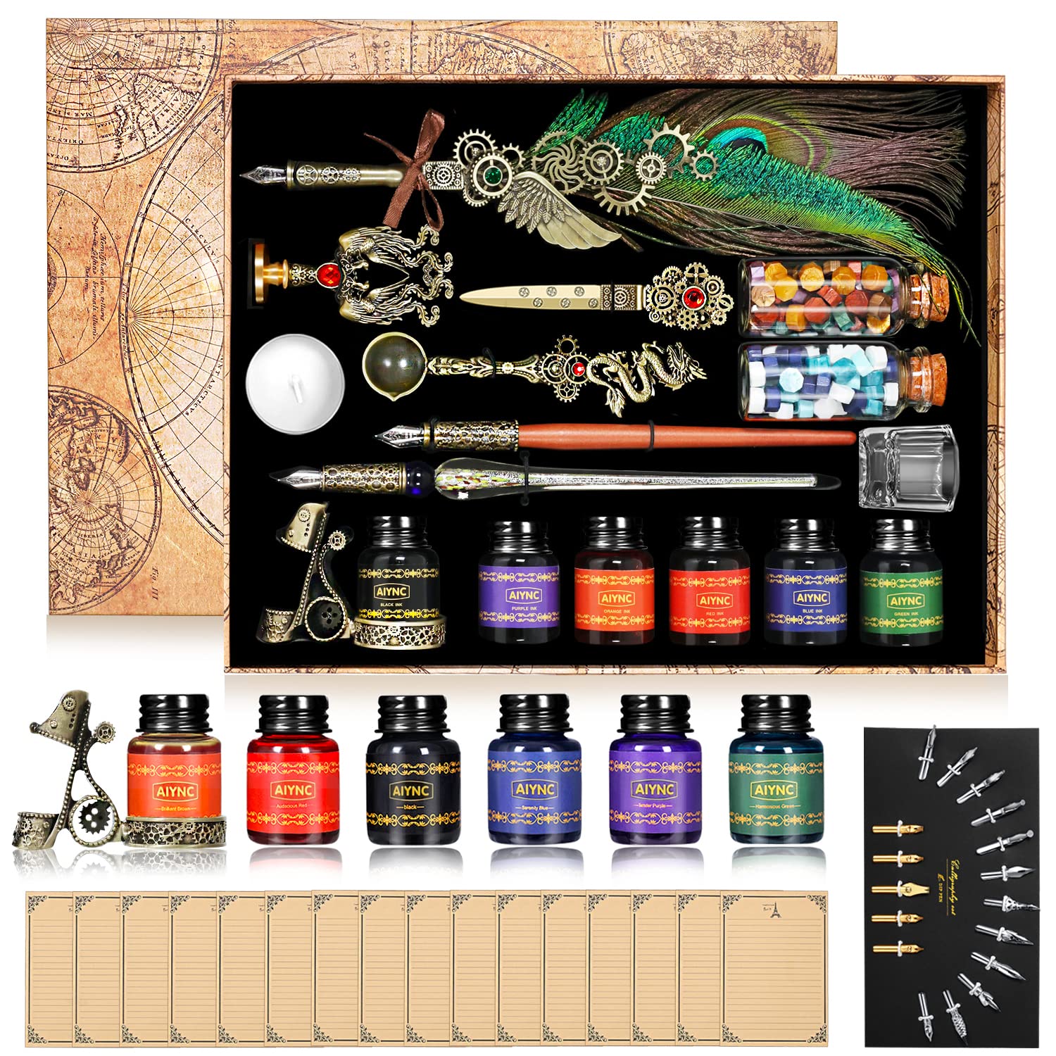 Quill Pen and Ink Set, Feather Pen Ink Set, Wax Seal Stamp Kit, Calligraphy Set, Valentine's Day Gifts for Writing Lovers Birthday Gifts, Ideal Calligraphy Gifts for Holidays(Peacock Feather)