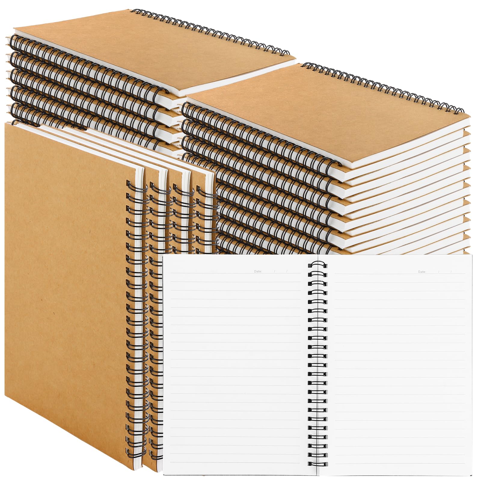 MIVIDE Confezione da 48 quaderni a spirale A5 con copertina in carta kraft, 20 x 14 cm, 120 pagine, copertina rigida, a righe, per scuola, lavoro, ufficio