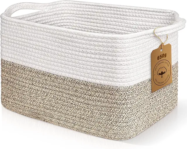 Cotton Rope Woven Storage Basket with Handles - Basket Weave Tile Style Organizer
