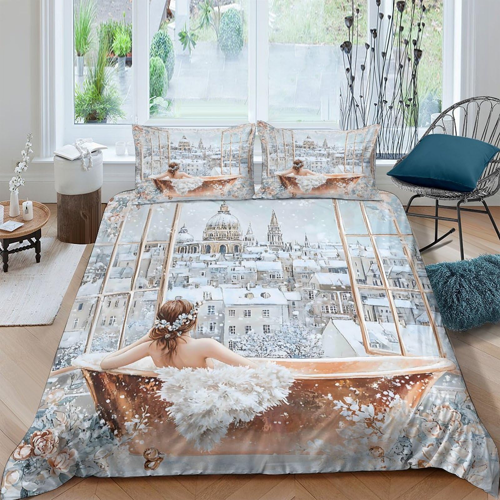 Ctjqhvkz Style-6 3D Printed City View Bathing Lady Fitted Sheet Microfiber Soft Artistic Bed Cover For Bedroom Dorm Decor Single（135X200cm）