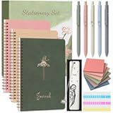 Stationery Set for Women, Journaling Kit, 3PCS A5 Spiral Notebooks, Gel Pens, Steel Bookmark, Sticky Notes & Tabs, Gift Box - Aesthetic Gift Set for Work Students School Office Supplies