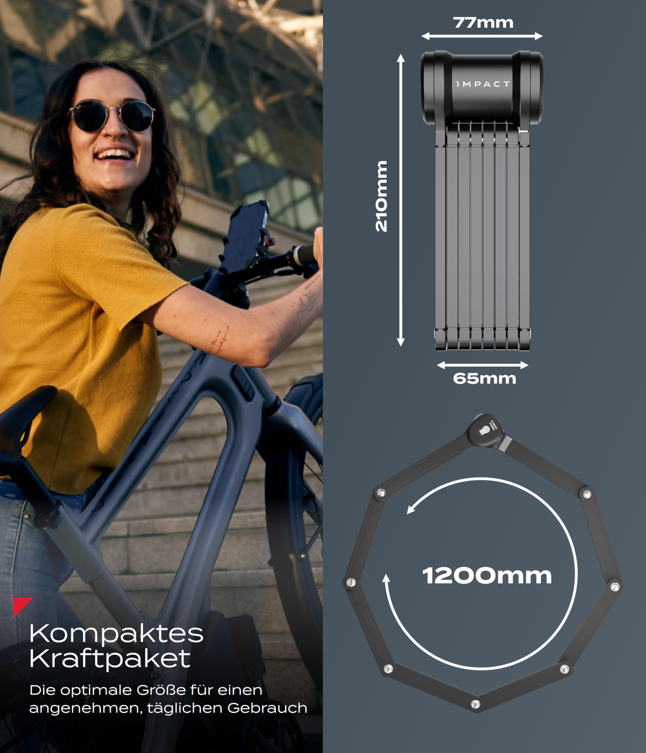 Impact® PortaLock 15 – Lucchetto pieghevole per bicicletta – Livello di sicurezza 15 lucchetto a combinazione bicicletta – 110 cm con supporto – Robusto lucchetto pieghevole per bicicletta con codice