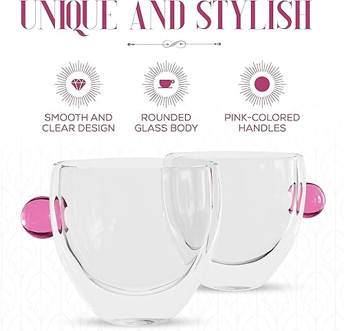 Miniatura 4 de elle decor Tazas de café de vidrio de doble pared con mango de color, juego de 2, tazas de vidrio de boca ancha de 9 onzas para oficina, bar, fiesta