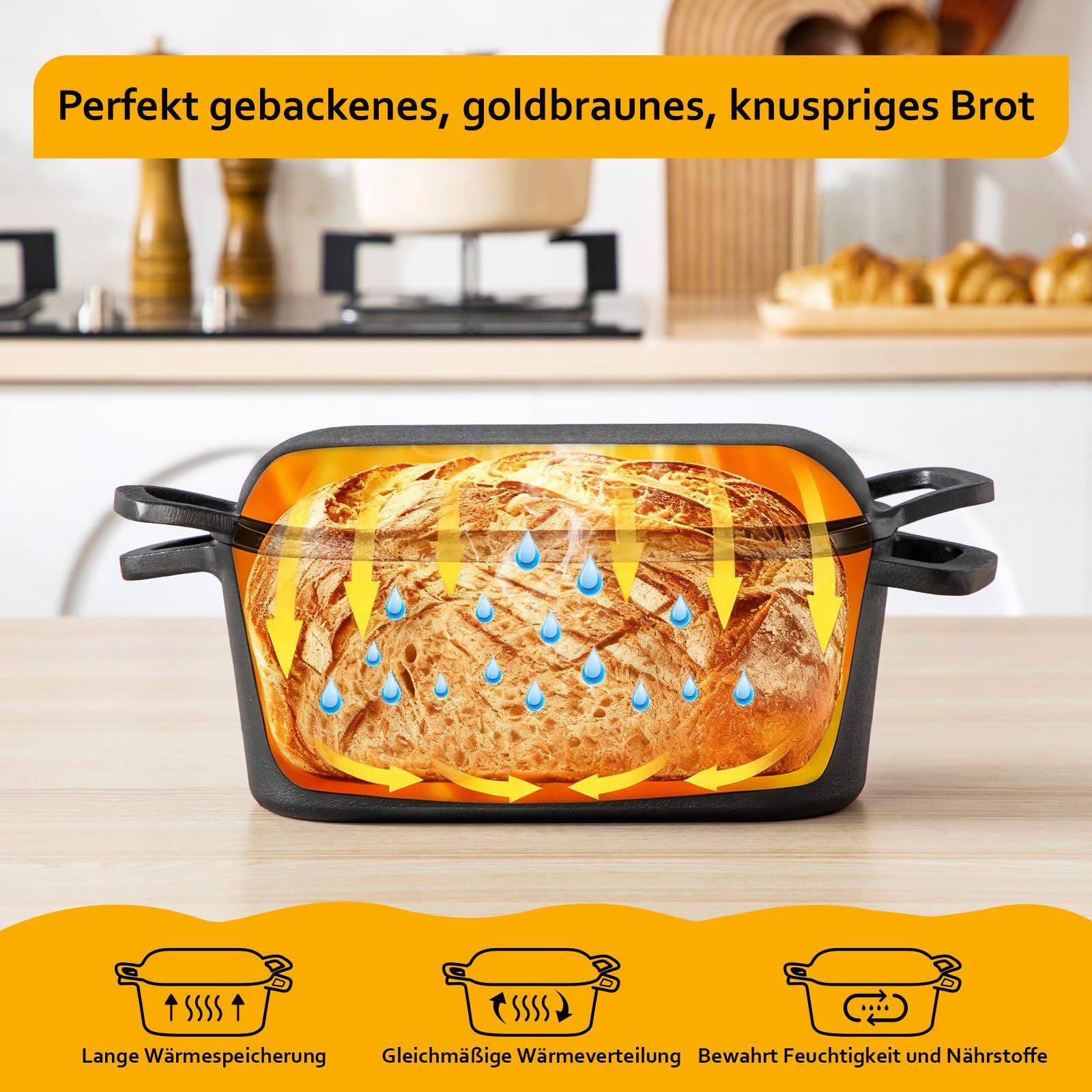 Velaze Schmortopf mit Deckel, Quadrat Gusseisen Topf 3,45L, 28cm Gusseisen Bräter mit Deckel Backofengeeignet, Induktion, Indoor & Outdoor – Cast Iron Pot für Bräter & Schmortöpfe Rot