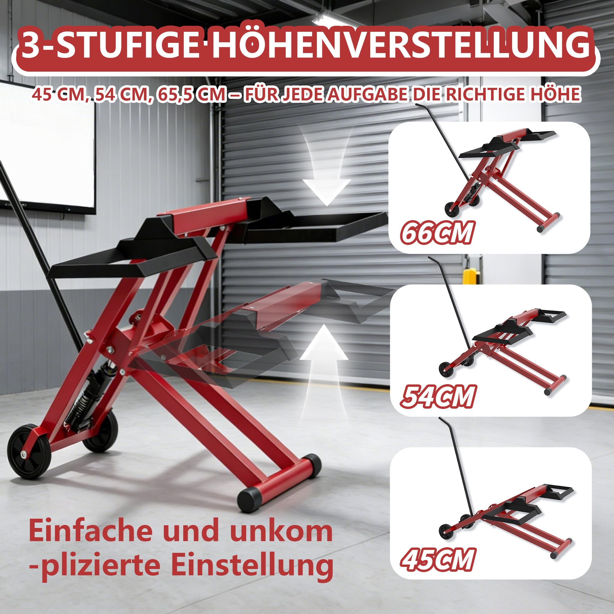 Aufun Rasentraktor-Hebebühne hydraulischer Wagenheber 227 kg Tragkraft Stahl PVC-Räder 12 cm Schwarz/Rot
