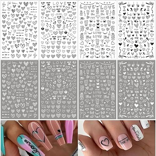 Miniatura 2 de 8 hojas de calcomanías de corazón 3D para uñas calcomanías de uñas autoadhesivas de corazón blanco y negro para mujeres niñas niños uñas acrílicas